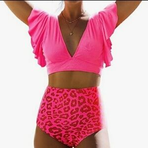 SPORLIKE Ruffle High Waist Swimsuit Hot Pink & Leopard Bikini Set Size XL